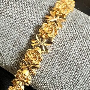 Rose Flower Link Bracelet 7" Gold Tone Excellent